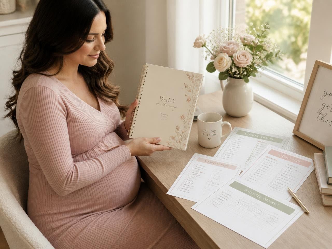 Expectant mother reviewing the printed C-section prep planner and recovery trackers at her desk