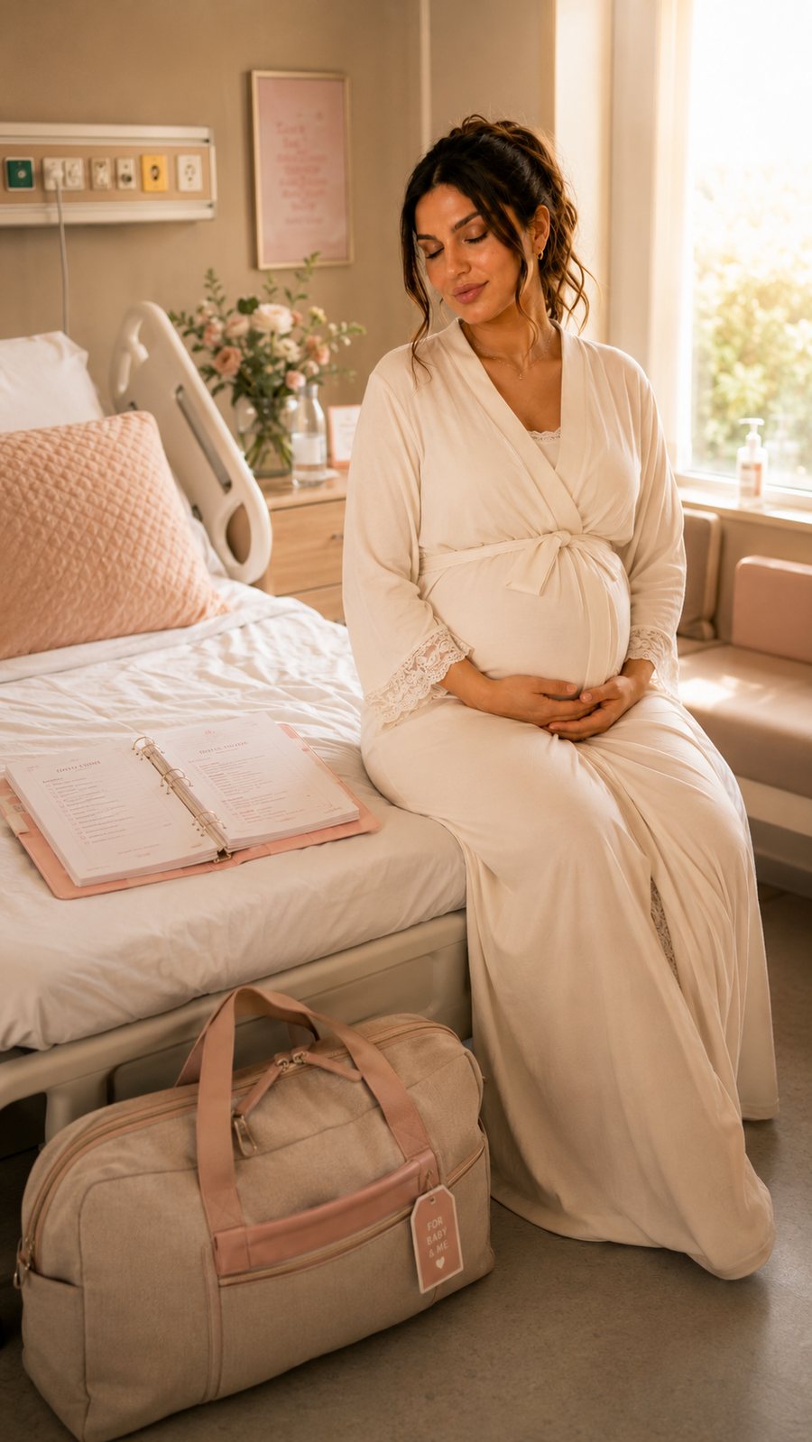 Sitting on the hospital bed the morning of a planned cesarean, calm, bag packed, binder open